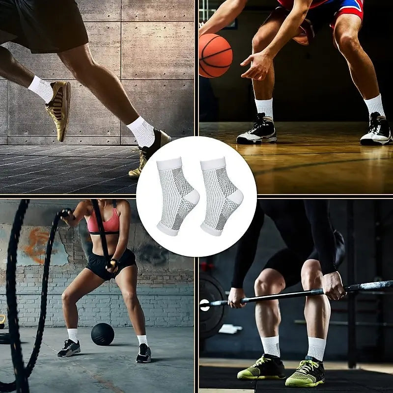 Close-up of ankle compression socks being worn during athletic training and exercise.