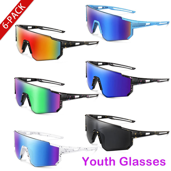 Ein Set aus sechs Paar jugendlichen UV-Schutz-Sportbrillen in verschiedenen Farben wie Orange, Blau, Grün, Lila und Schwarz.