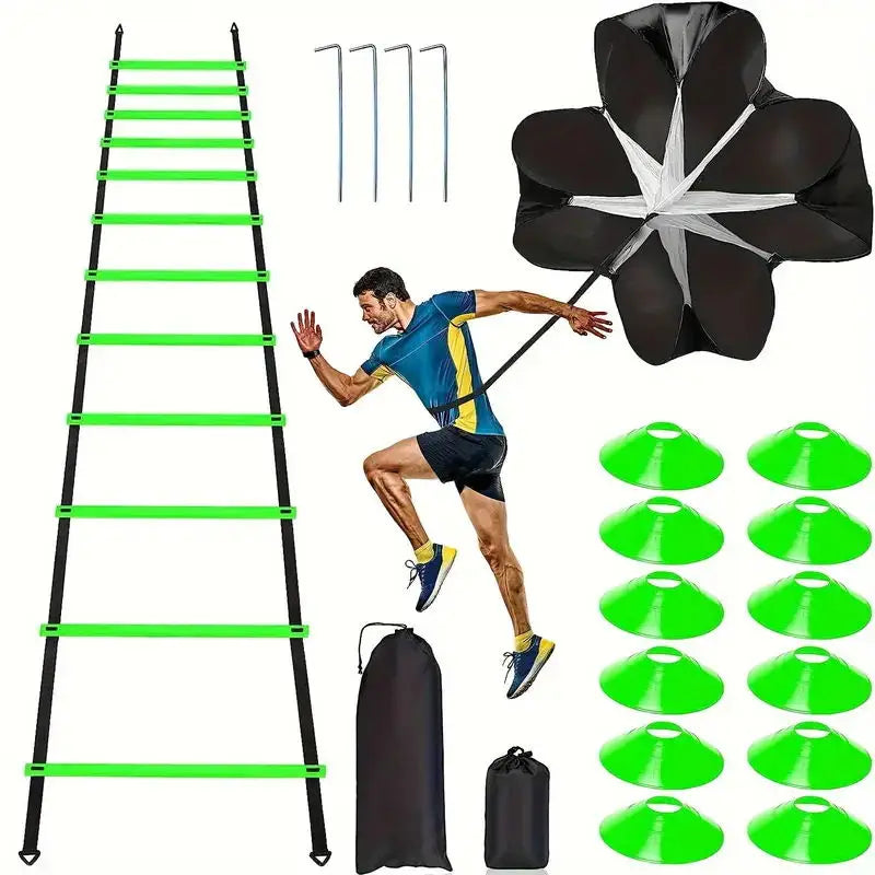 Paracaídas de entrenamiento de fútbol negro y verde con escalera y discos de colores.