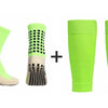 A set of neon lime green soccer socks and knee guards shown individually and combined.