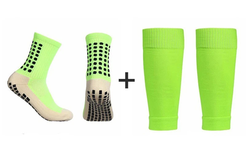 A set of neon lime green soccer socks and knee guards shown individually and combined.
