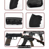 Verschiedene Ansichten eines schwarzen rutschfesten Gummihandschuh-Ärmels und Pistolengriffe.