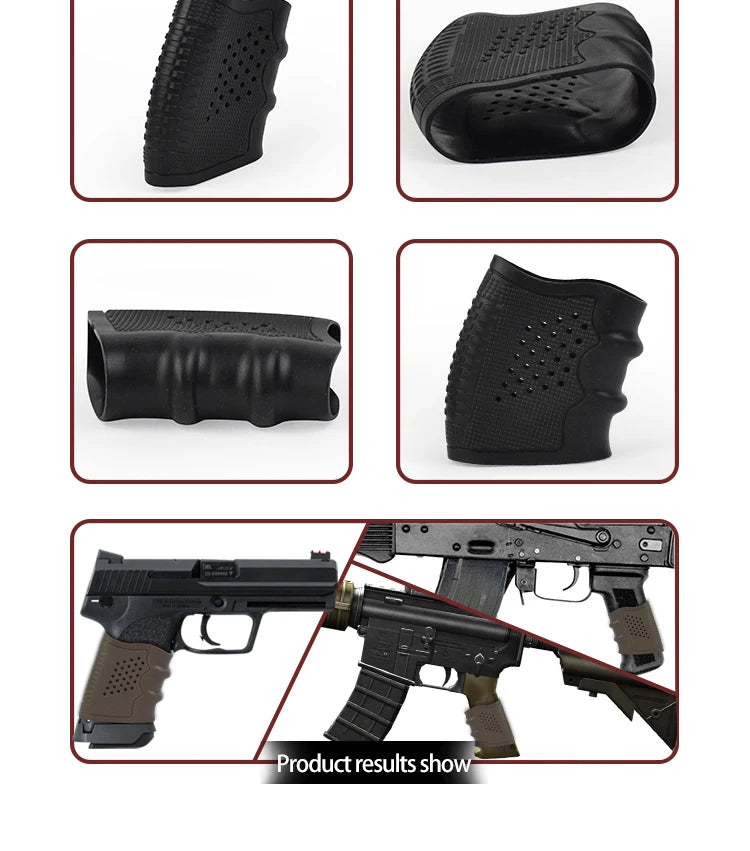 Verschiedene Ansichten eines schwarzen rutschfesten Gummihandschuh-Ärmels und Pistolengriffe.