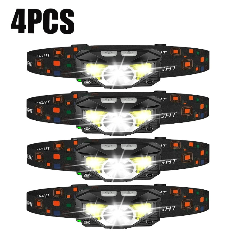 Four powerful LED rechargeable camping headlamps displayed side by side.