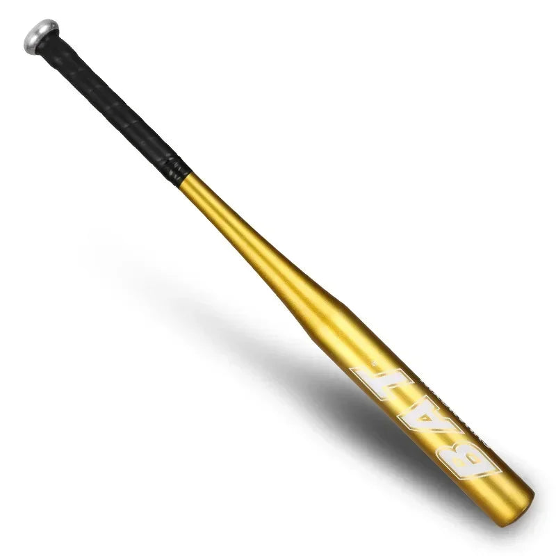 A golden aluminum baseball bat with a black handle and white branding is shown diagonally.