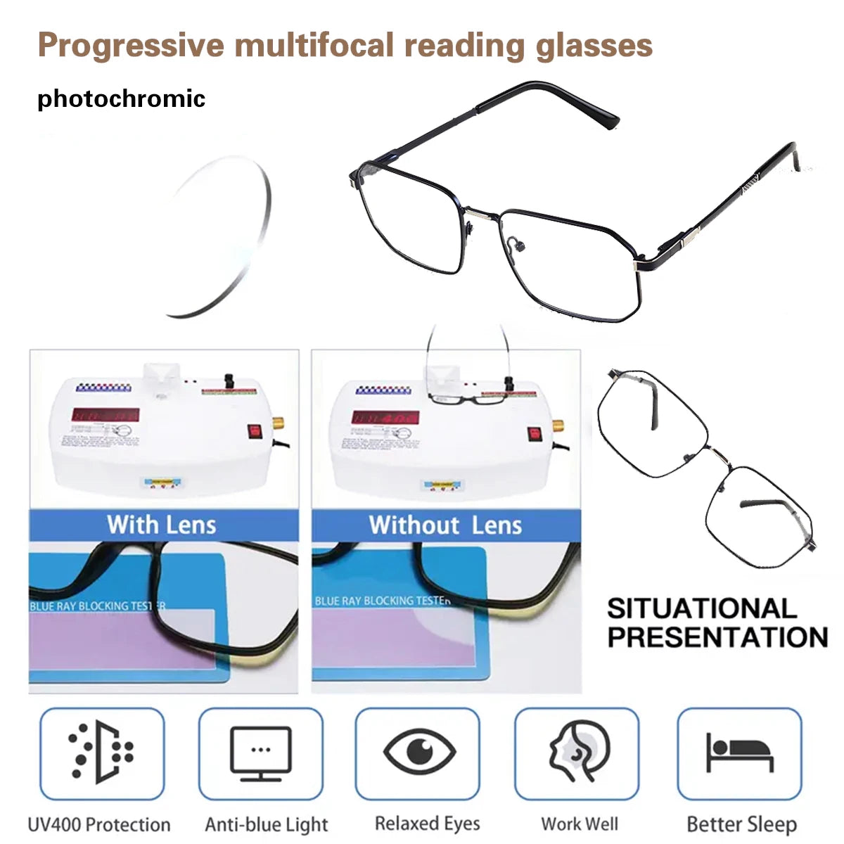 A set of progressive reading glasses demonstrating photochromic and blue light blocking features for situational presentation