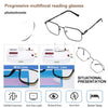 A set of progressive reading glasses demonstrating photochromic and blue light blocking features for situational presentation