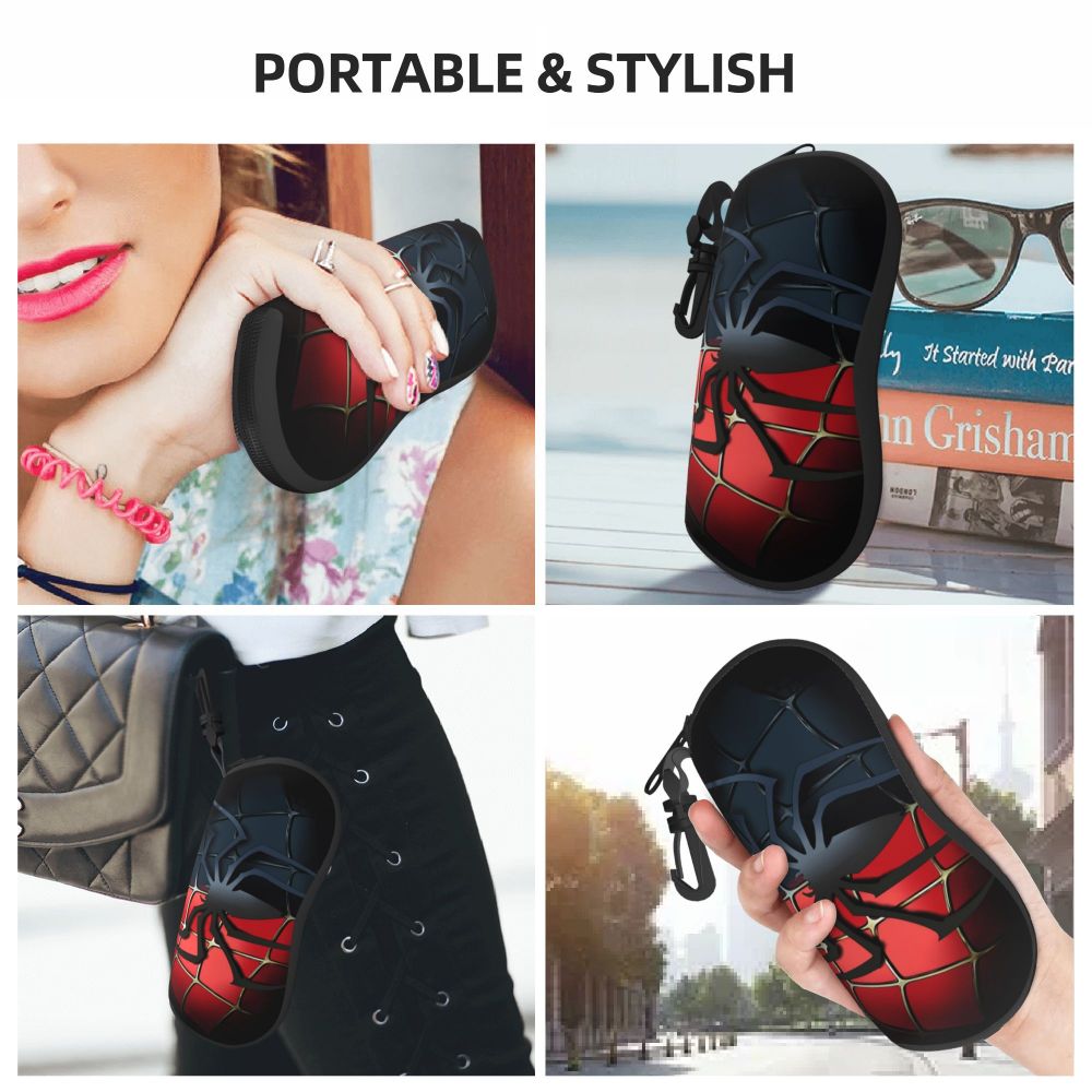 A black and red spider web patterned shoe is shown in various contexts, including on a person's foot and next to sunglasses.