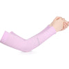 A hand wearing a light pink summer ice silk anti-sunburn arm sleeve.