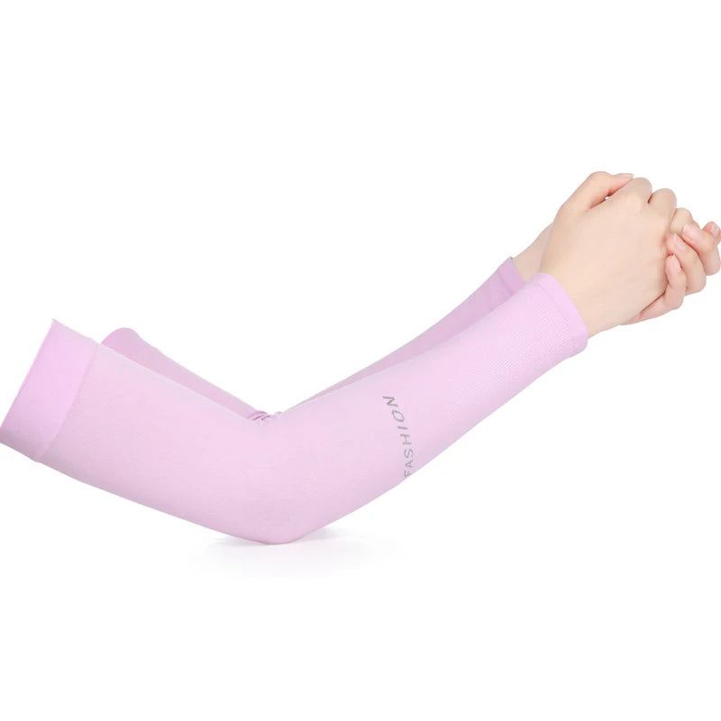A hand wearing a light pink summer ice silk anti-sunburn arm sleeve.
