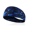 A dark blue and black camouflage patterned elastic sports headband shown on a wrist.