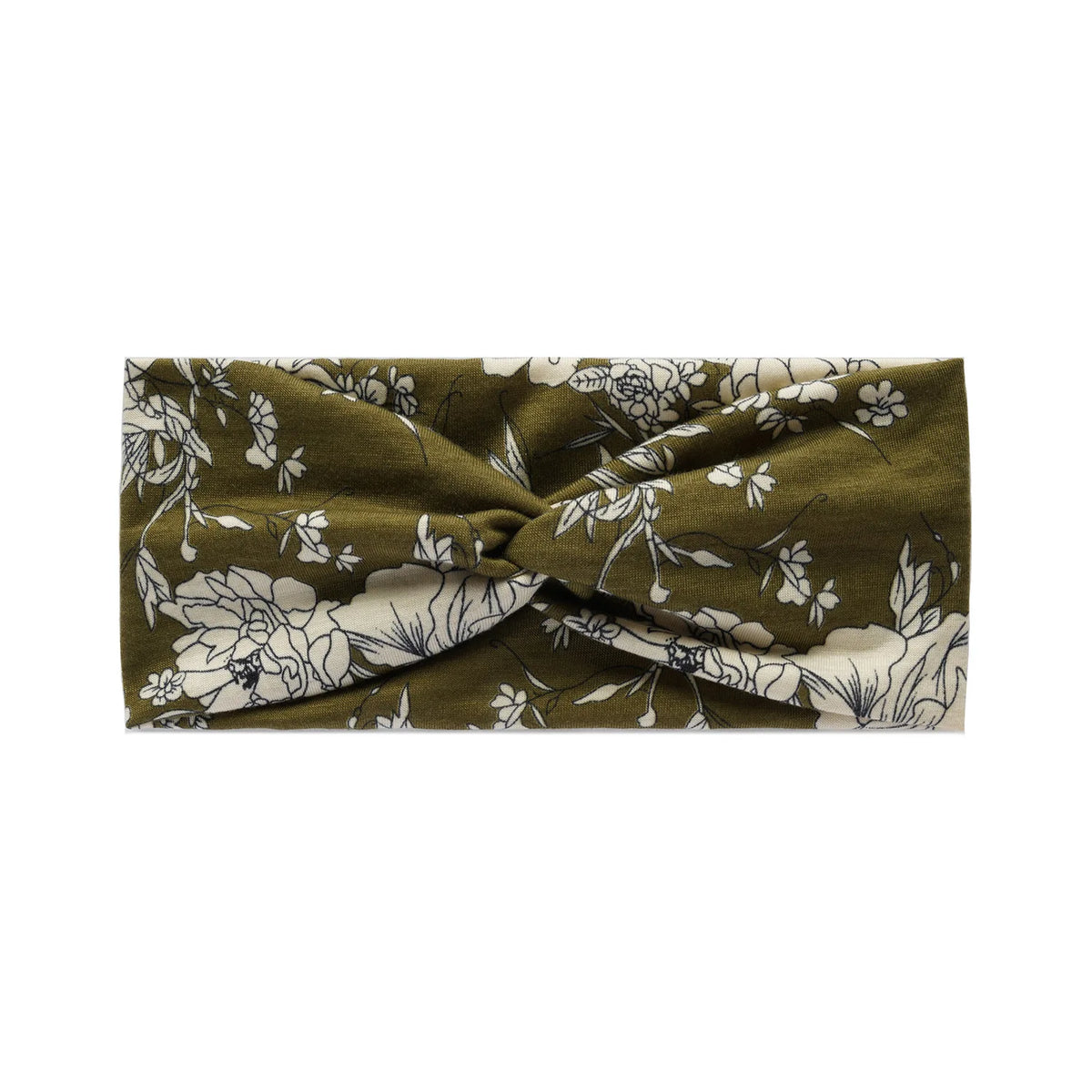 A dark olive green bohemian vintage print headband with a floral pattern.
