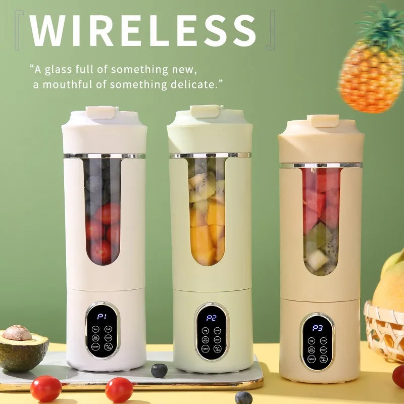 Three white portable electric juicers with glass cups and fruit are displayed on a light surface.