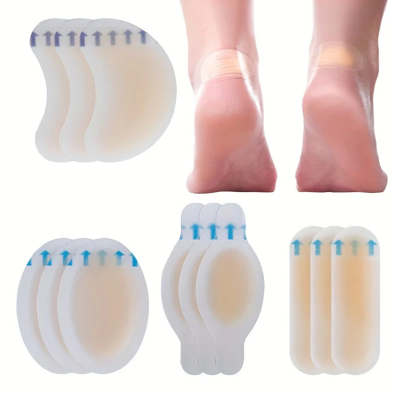 A set of clear silicone blister patches for foot protection shown in various forms and on a foot.