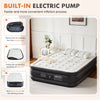 A guide showing how to use a built-in electric pump to inflate an air mattress from a storage bag.