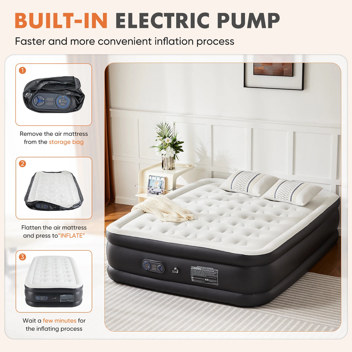 A guide showing how to use a built-in electric pump to inflate an air mattress from a storage bag.