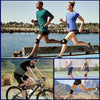 A woman is jogging outdoors while wearing an adjustable knee brace and athletic clothing.