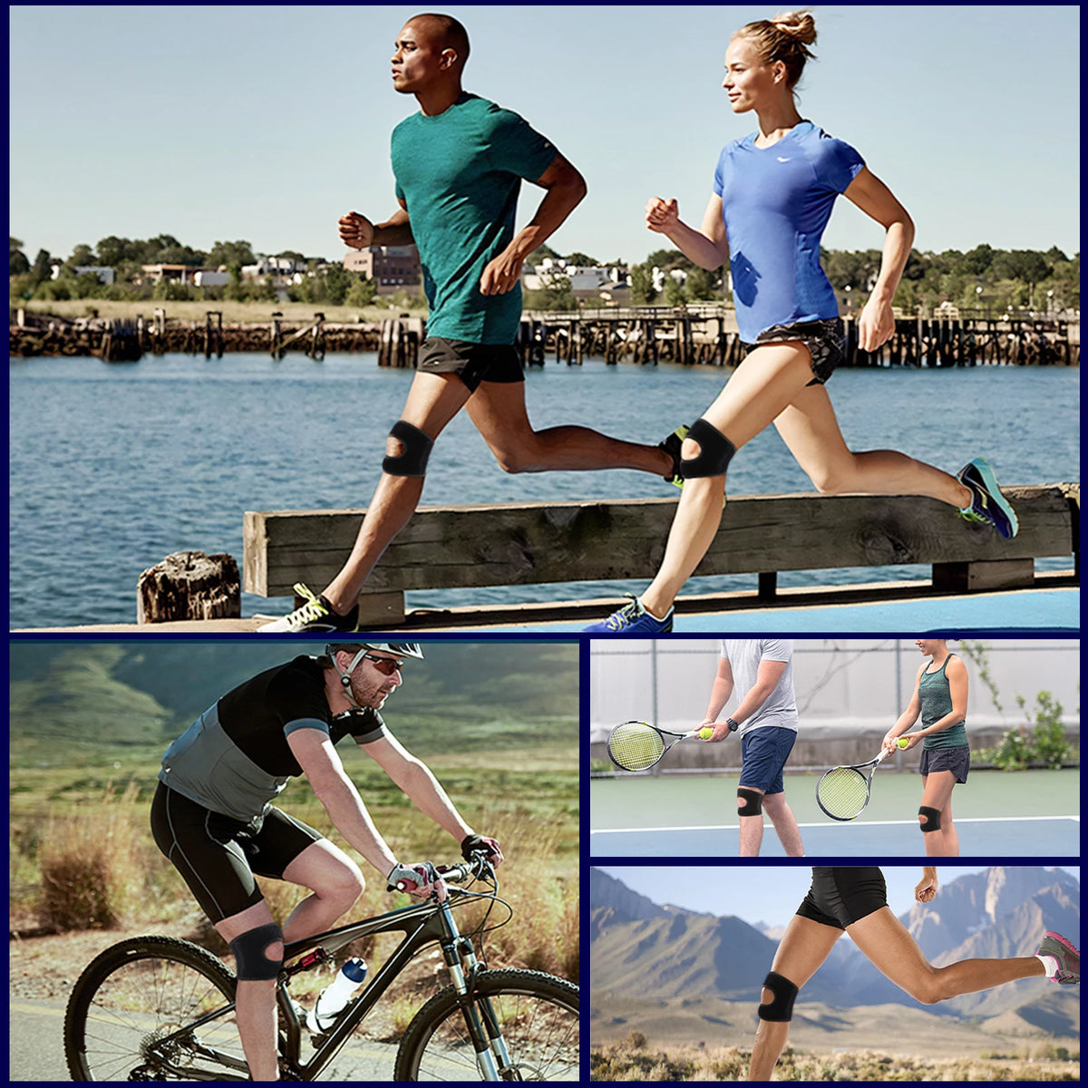 A woman is jogging outdoors while wearing an adjustable knee brace and athletic clothing.