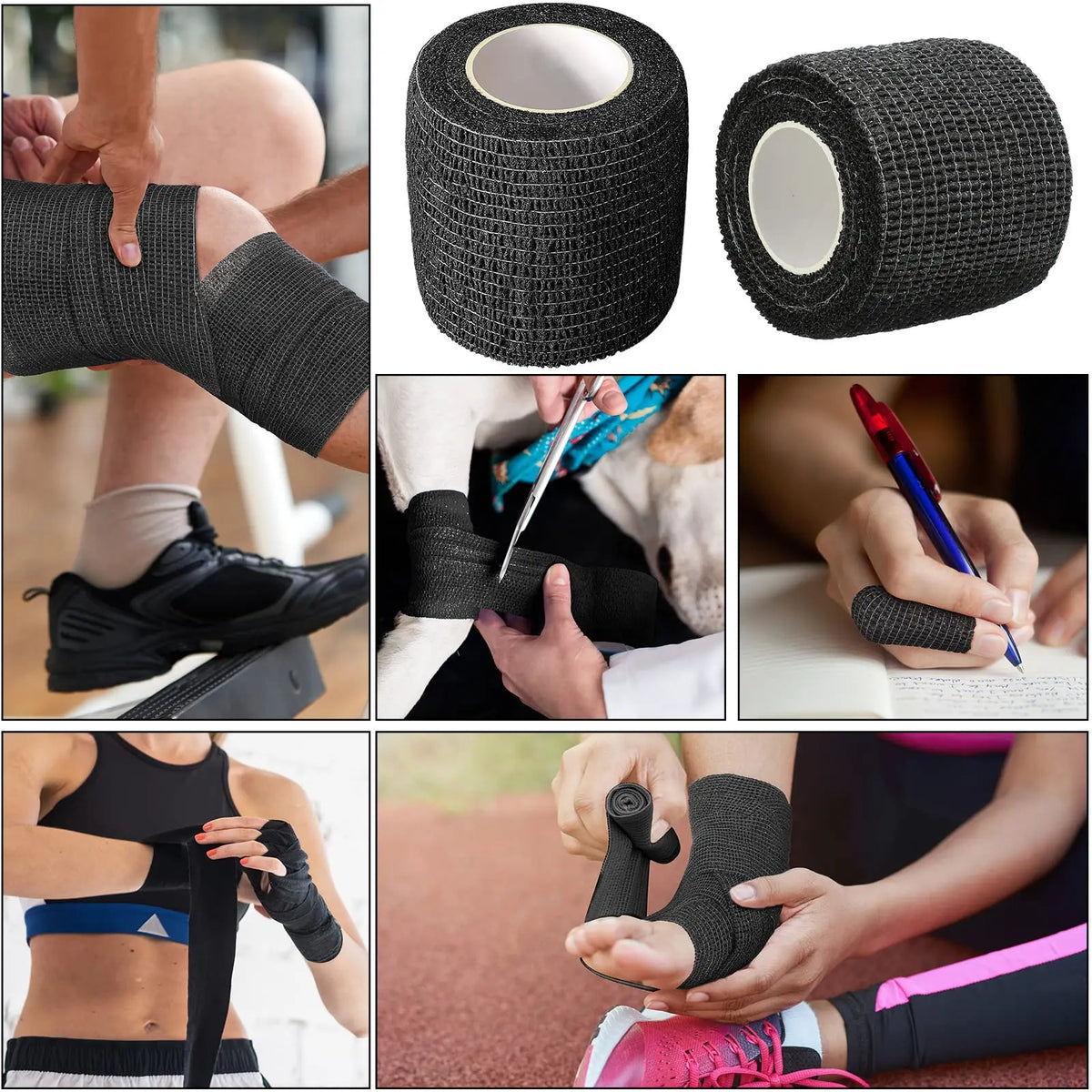 Rouleaux de bande élastique autocollante réutilisable pour les blessures sportives appliqués à une jambe.