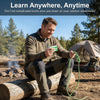 A man outdoors is learning to tie knots while sitting next to a tent and firewood.