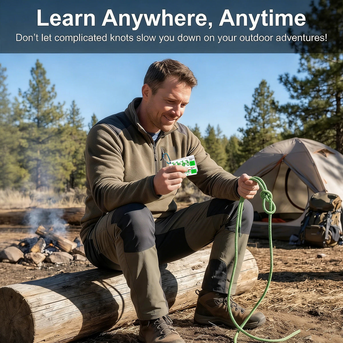 A man outdoors is learning to tie knots while sitting next to a tent and firewood.