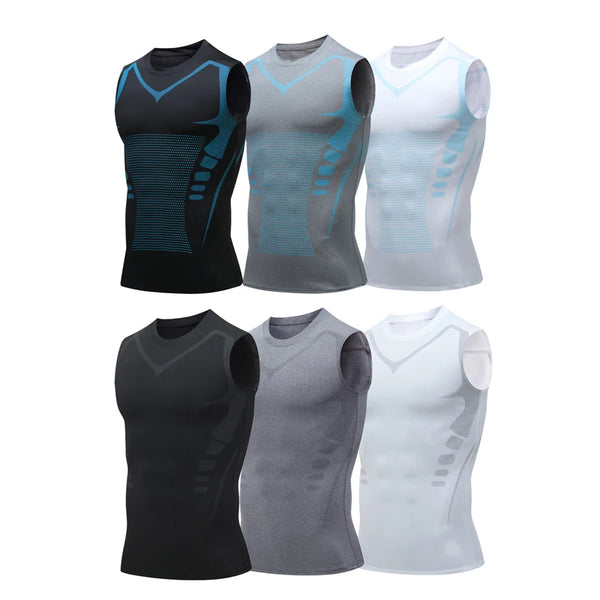 Cuatro camisetas deportivas de compresión para hombres, secado rápido, en negro, gris y blanco con detalles azules.