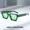 A pair of green retro square frame sunglasses with a classic design shown on a white surface.