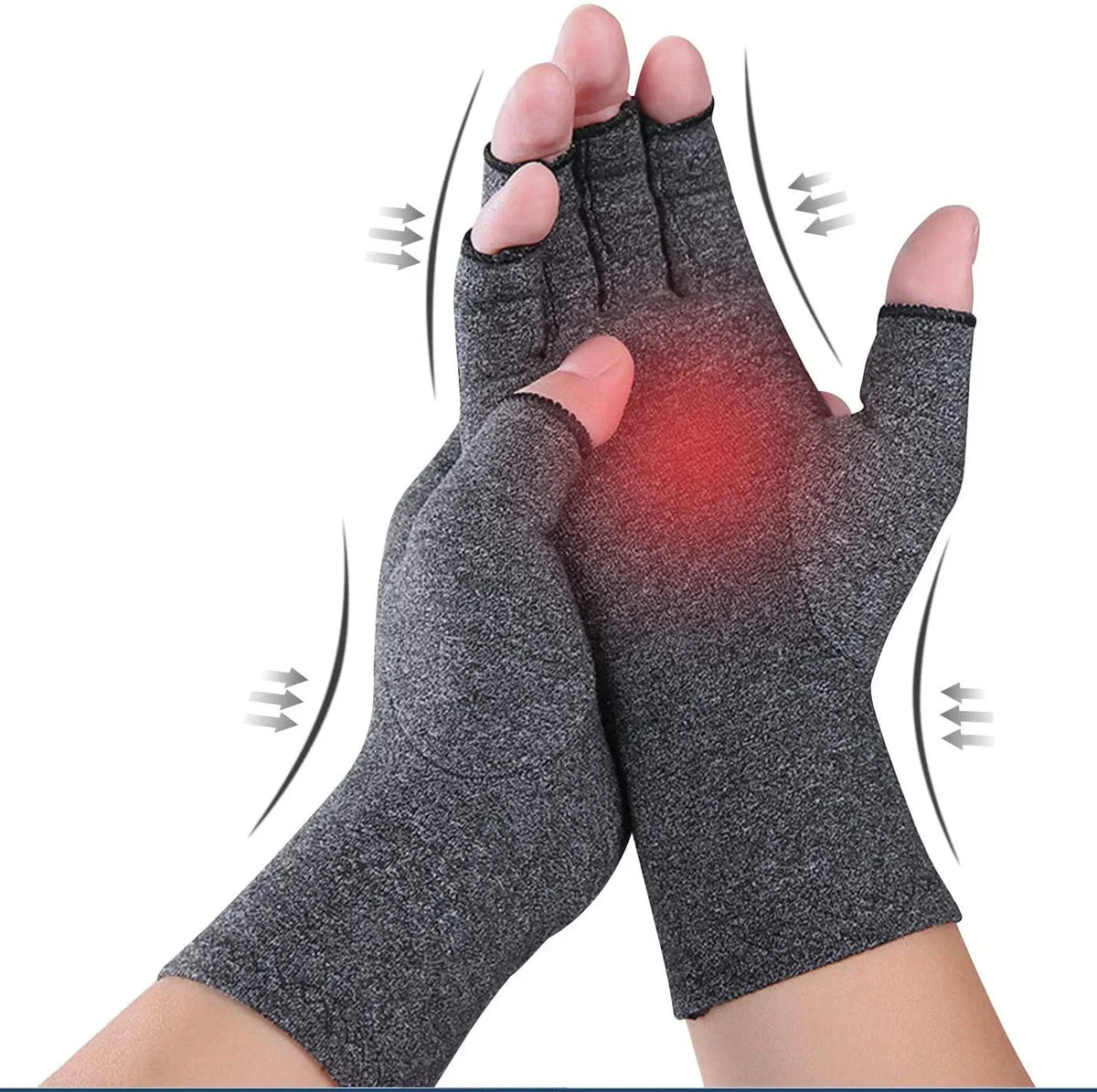 Graue Kompressionstherapie-Hand- und Handgelenk-Stützhandschuhe an einer Hand und einem Handgelenk getragen.