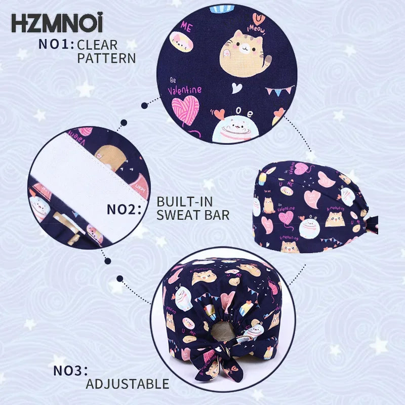 Three variations of a printed cotton surgical cap featuring cute cat designs and Valentine themes.