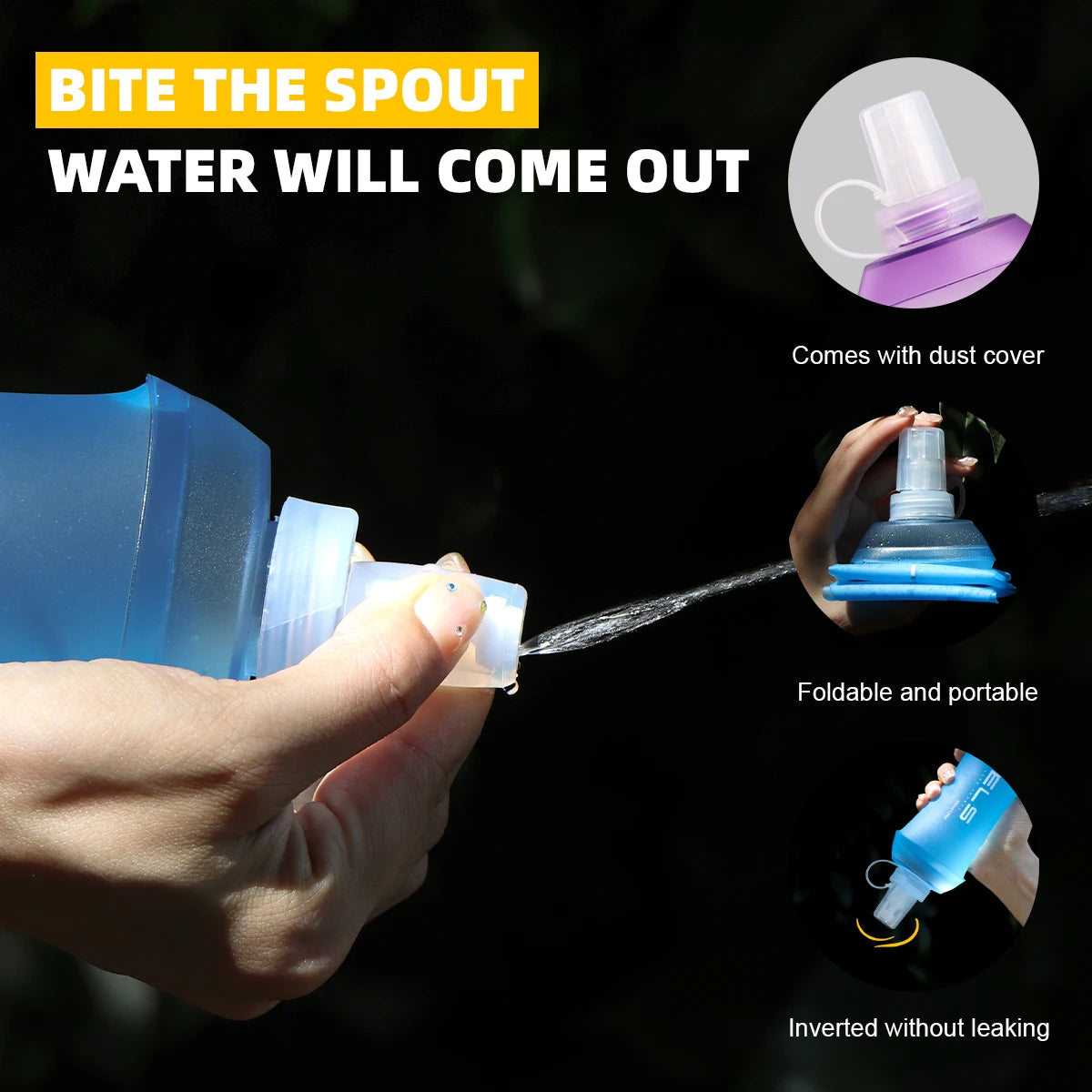 A hand is squeezing a blue water bottle, demonstrating that water comes out with a dust cover. The bottle is foldable and por