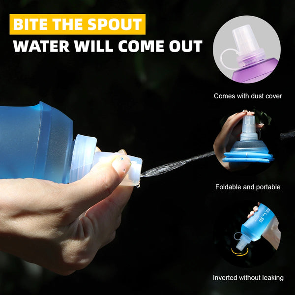 A hand is squeezing a blue water bottle, demonstrating that water comes out with a dust cover. The bottle is foldable and por