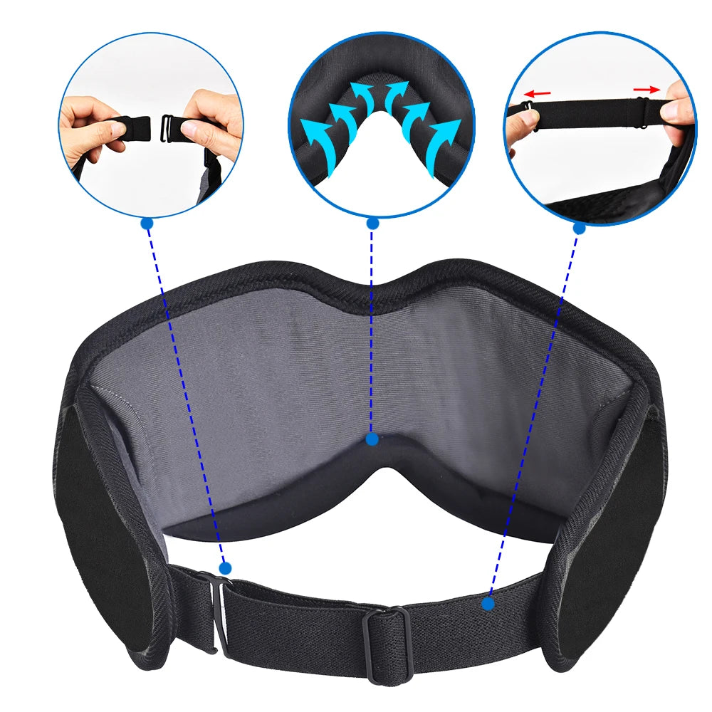 Black sleep headphones with built-in music featuring adjustable straps and sound wave graphics.