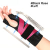 A black wrist brace with dual metal splints is shown on a hand, demonstrating the left side.