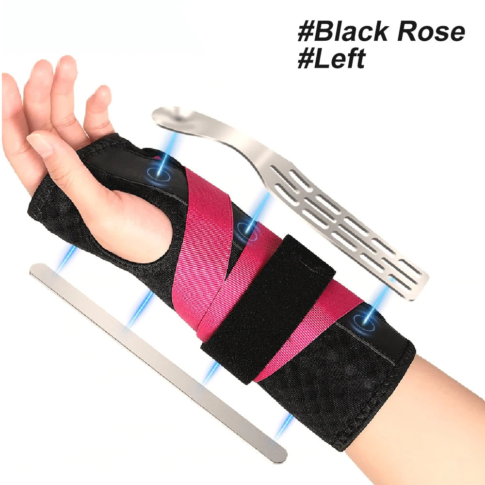 A black wrist brace with dual metal splints is shown on a hand, demonstrating the left side.