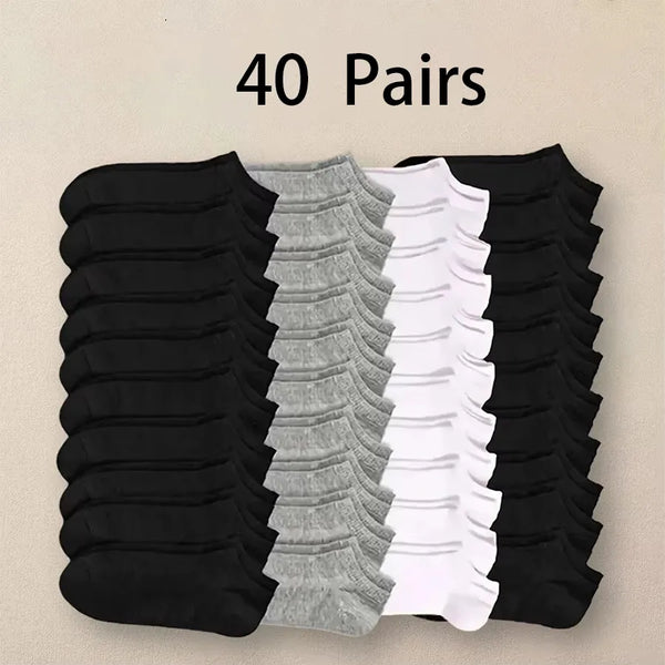 40 pairs of soft lightweight ankle socks in black and gray are displayed.