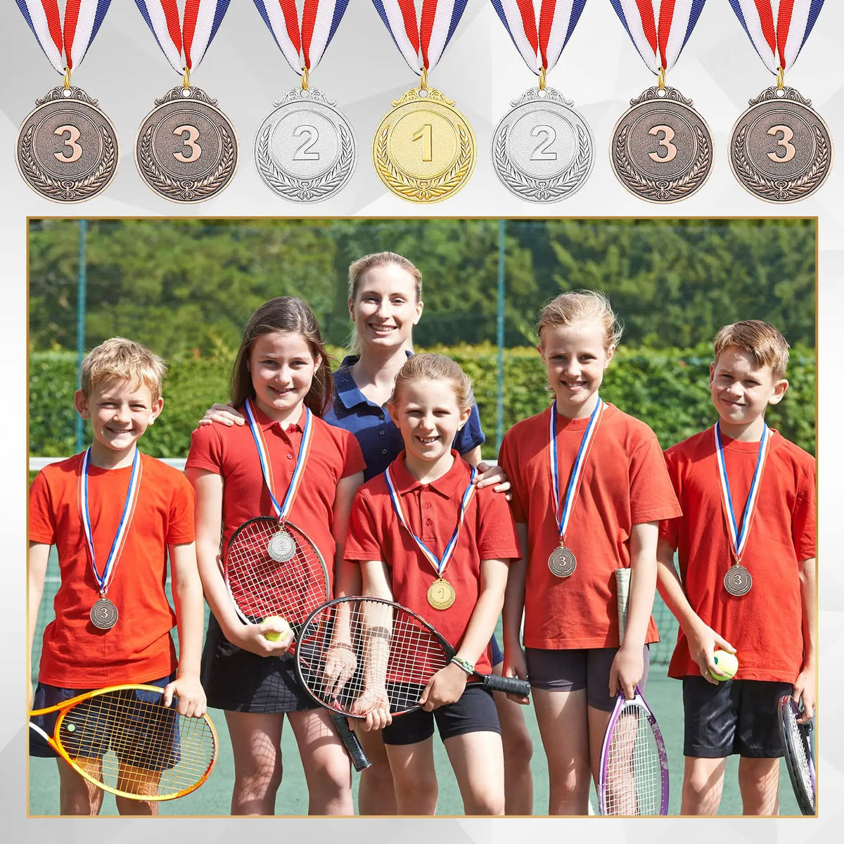 A group of six students standing in front of a display of gold, silver, and bronze award medals with ribbons.