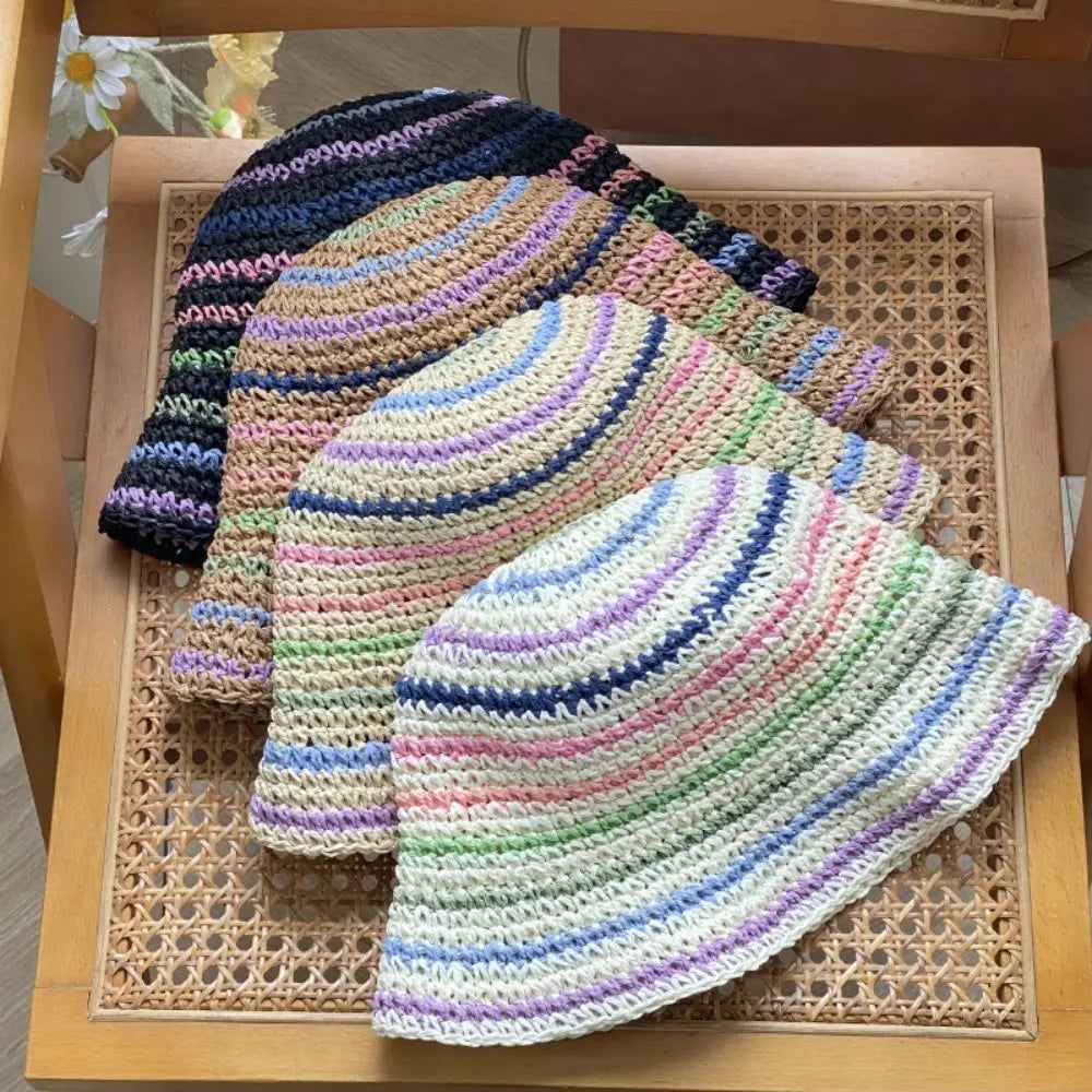 Handwoven Rainbow Stripe Straw Sun Hat with Wide Brim