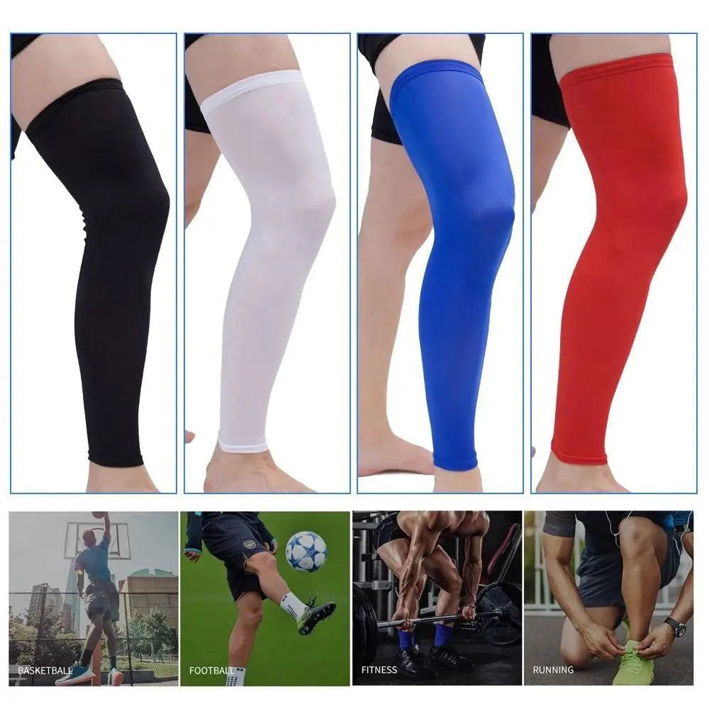Various colors of performance knee calf compression sleeves shown on legs.