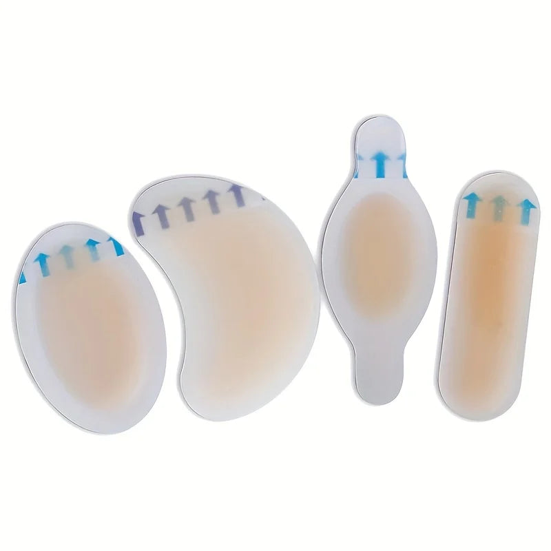 A set of five clear silicone blister patches for foot protection showing various sizes and applications.