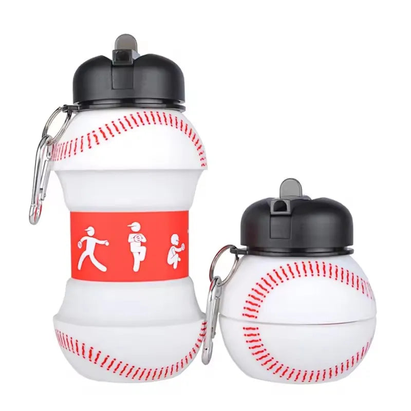 A white and red foldable silicone sports water bottle with a black cap shown from the side.