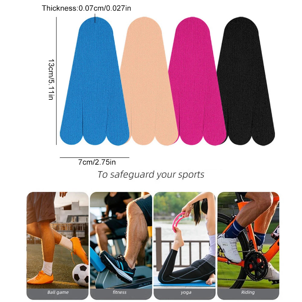 A set of precut kinesiology tape in various colors for foot and joint support, shown alongside sports activities.