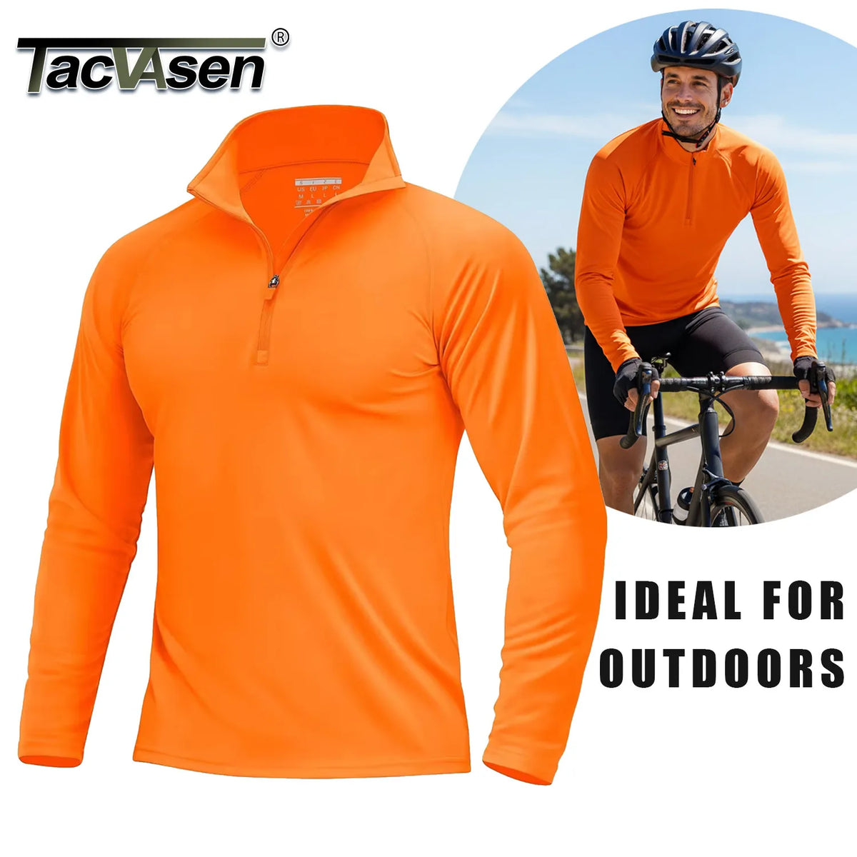Orange men's long sleeve shirt for outdoor activities shown on a model riding a bicycle