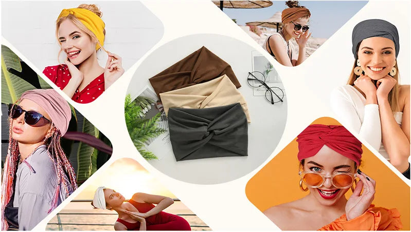 A collage of women wearing and modeling a women's elastic sports headband in various colors like yellow, black, and red.