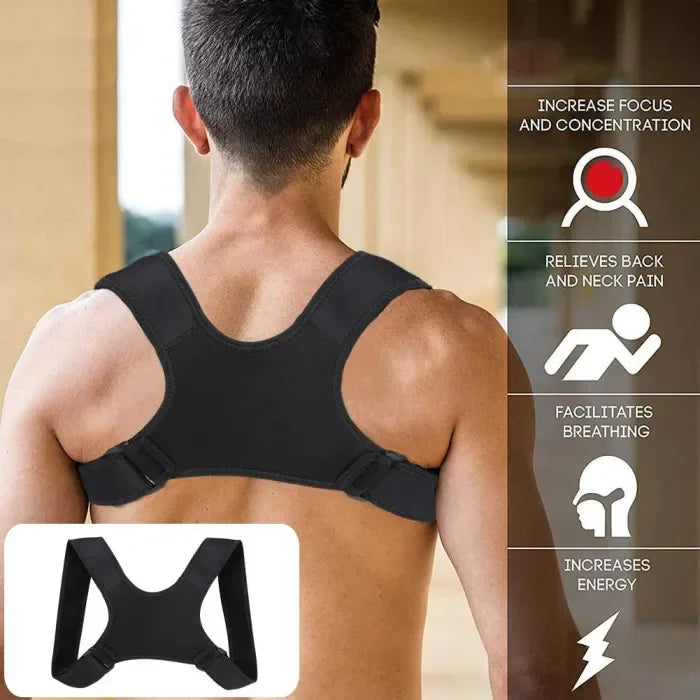 Correstor postural invisible negro, cinturón, puesto en la parte superior de la espalda de una persona.