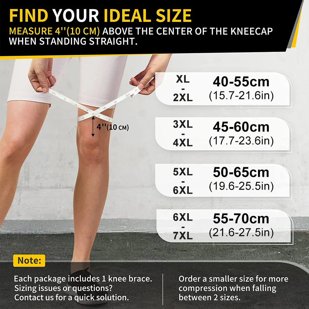Diagram showing how to measure knee size above the center of the kneecap for various sizes of a knee brace.