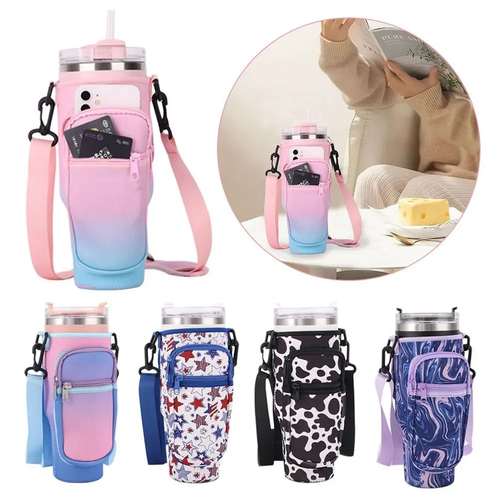 Pink and blue adjustable water bottle carrier pouches for outdoor use