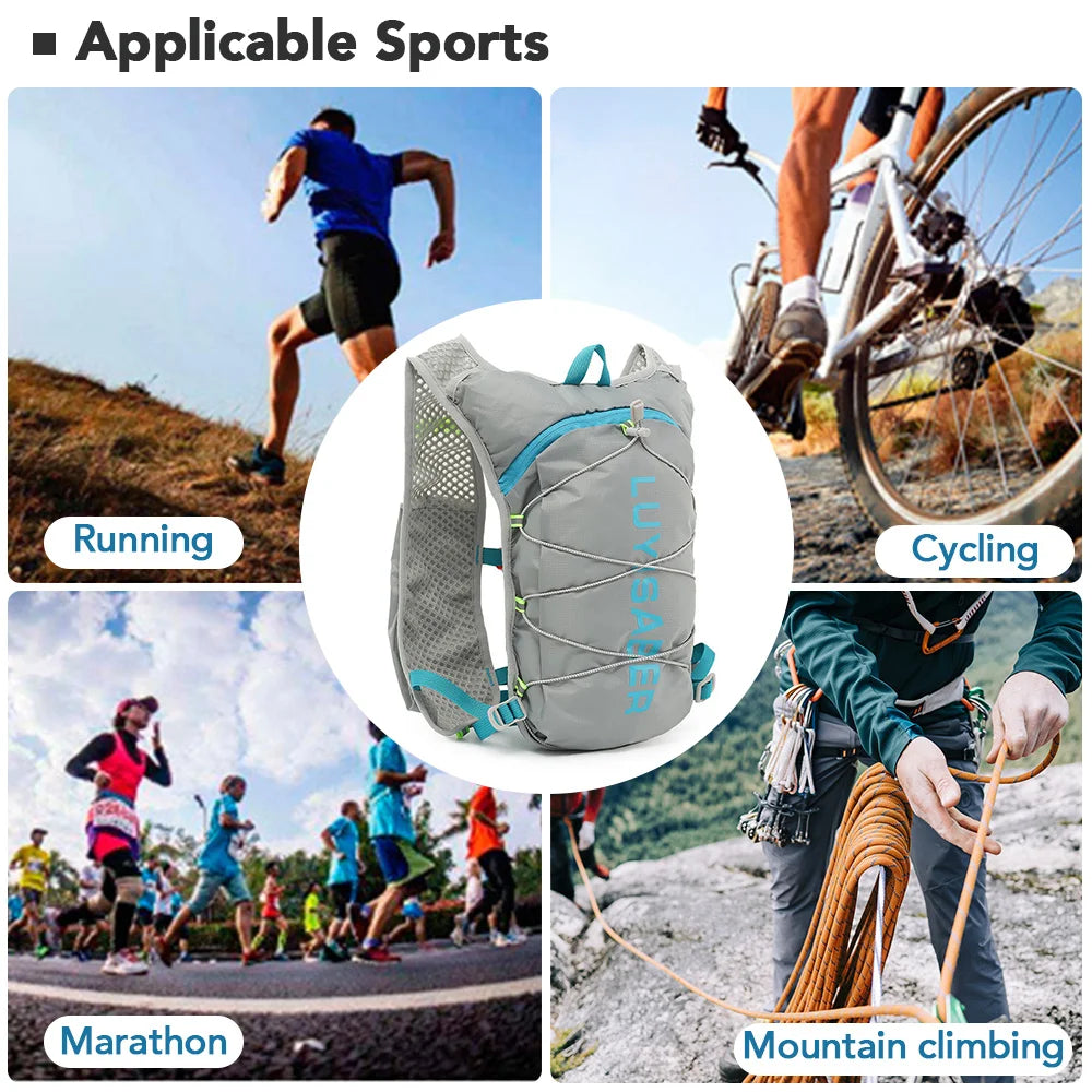 A gray ultra-light backpack shown in various outdoor sports contexts including running, cycling, marathon, and mountain climb