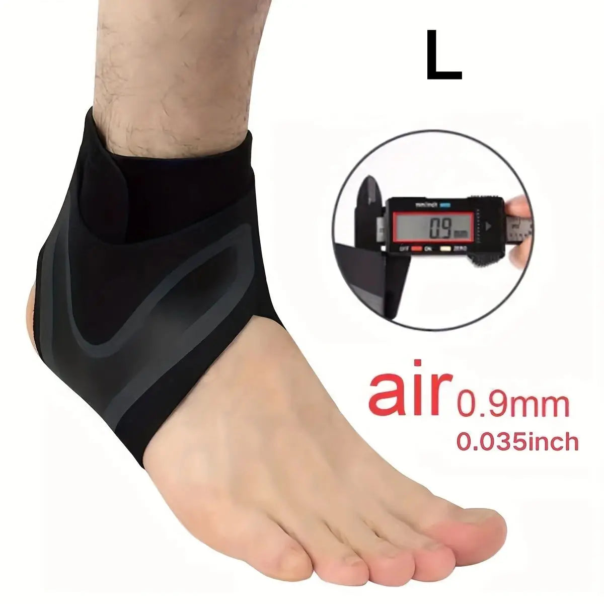 Black breathable ankle sprain support sleeve worn on a person's lower leg.