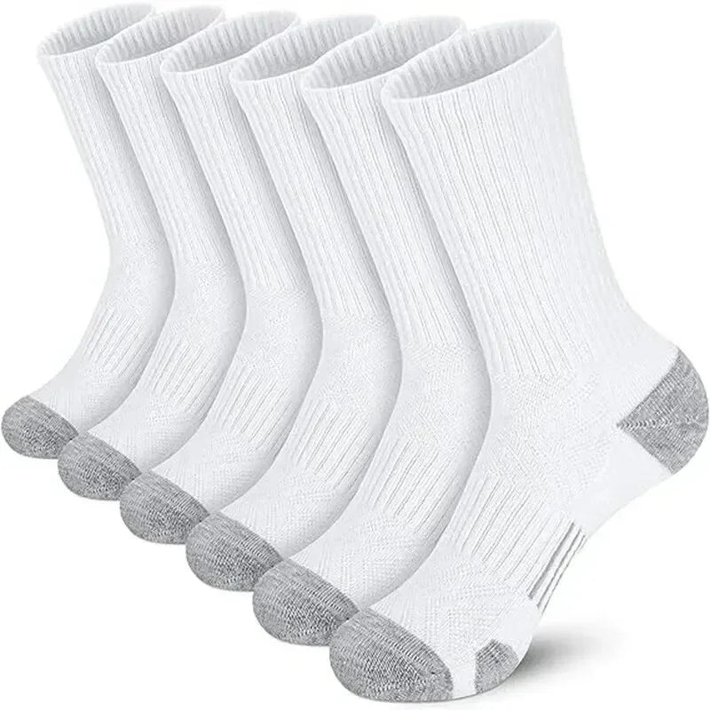 A pack of six white and gray men's outdoor gym football socks displayed in a vertical row.