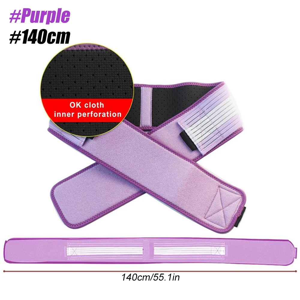 Purple adjustable pelvic support hip belt with inner perforation and a flat strap shown alongside the product.